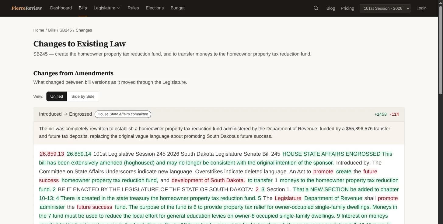 A word-level diff of a bill between its introduced and engrossed versions